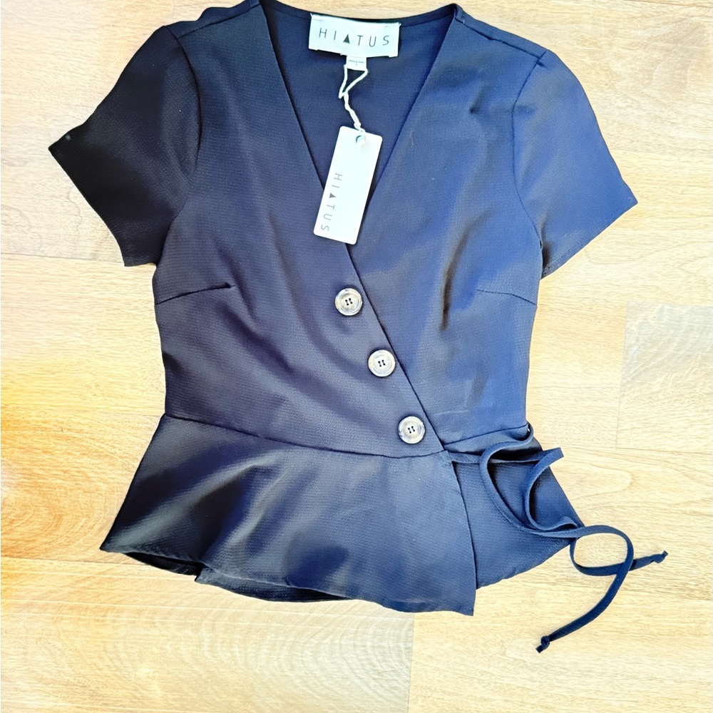 Chic Black Buttoned Wrap Blouse NWT - image 6